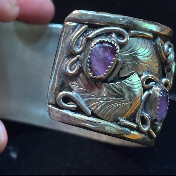 Native American Navajo? Mexican ? cuff bracelet amethyst stones feather design - Picture 6 of 16